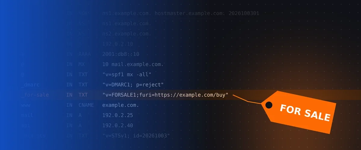 A DNS zone highlights an RFC 10023 _for-sale TXT record pointing to an orange For Sale tag