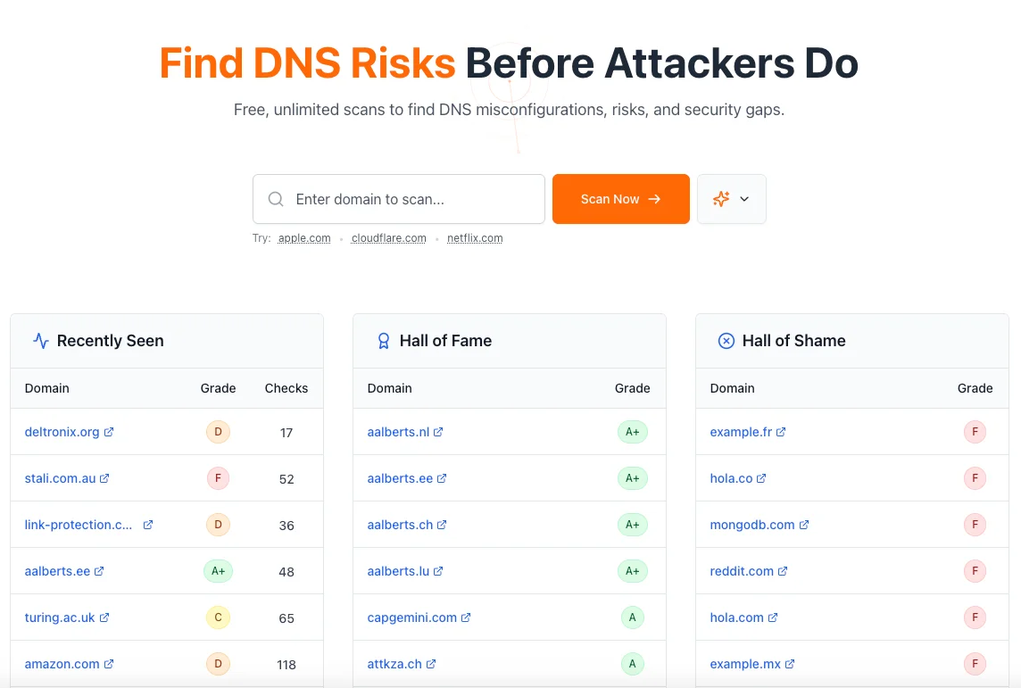 DNSAudit.io homepage showing scan interface and Hall of Fame/Shame tables