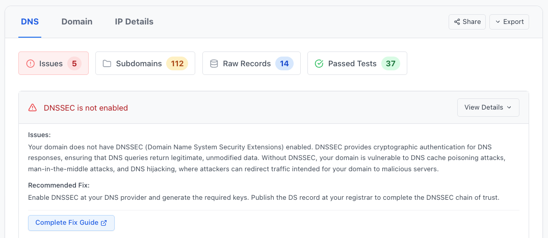 DNSAudit.io scan result showing DNSSEC is not enabled warning with recommended fix