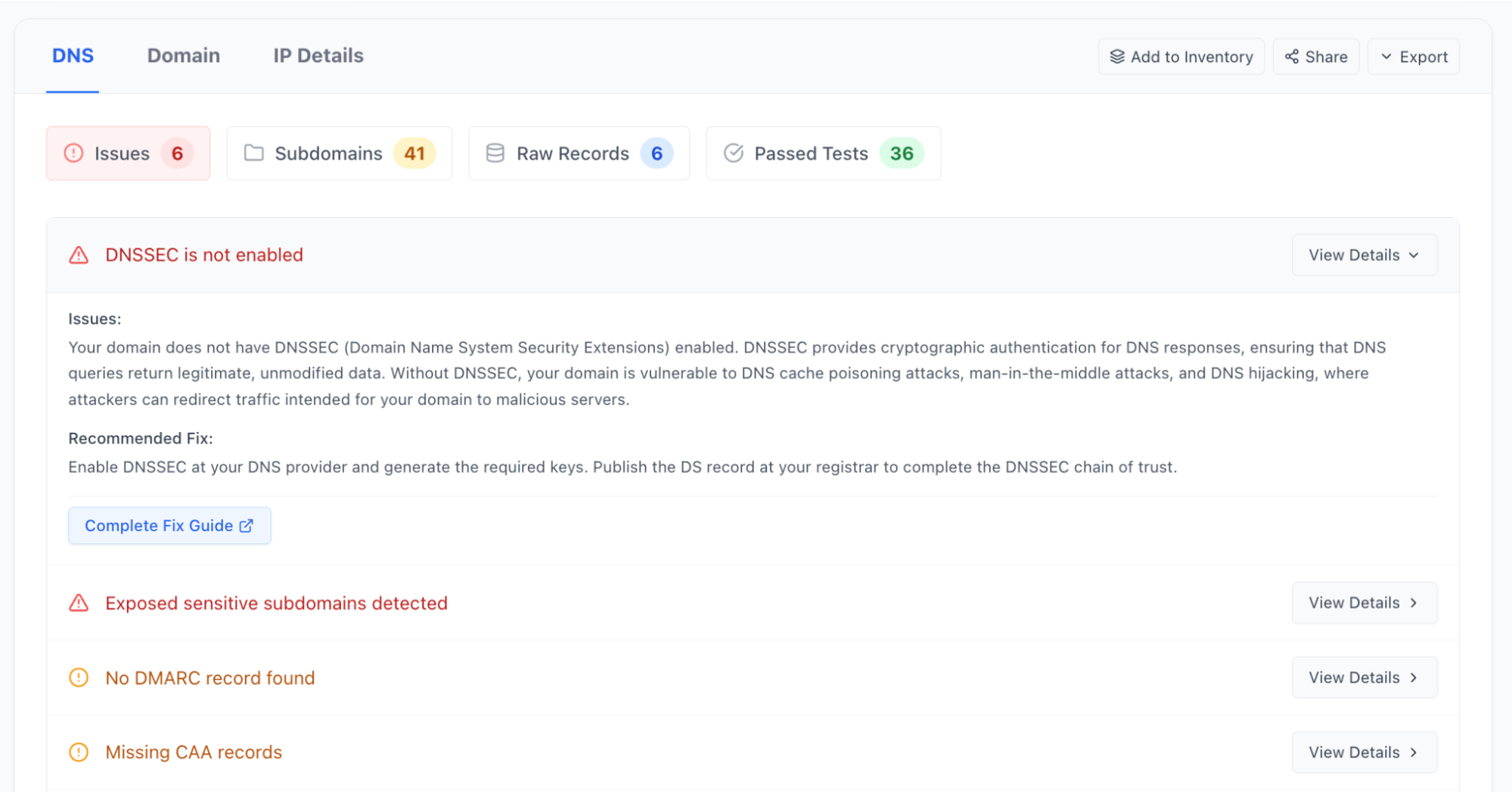 DNS scan showing DNSSEC not enabled, exposed sensitive subdomains, no DMARC record, and missing CAA records.