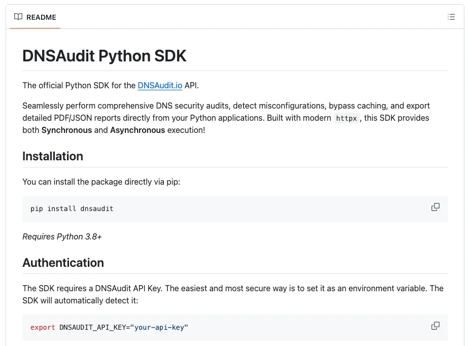 DNSAudit Python SDK README showing installation and API key setup