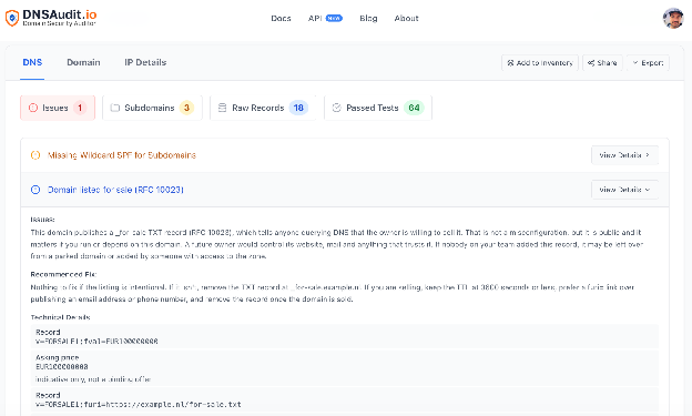 DNSAudit.io DNS tab showing an informational domain-for-sale finding for an RFC 10023 TXT record