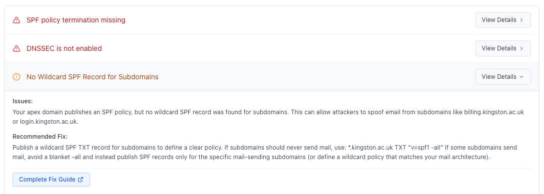 DNSAudit.io dashboard showing SPF policy warnings including missing wildcard SPF records for subdomains