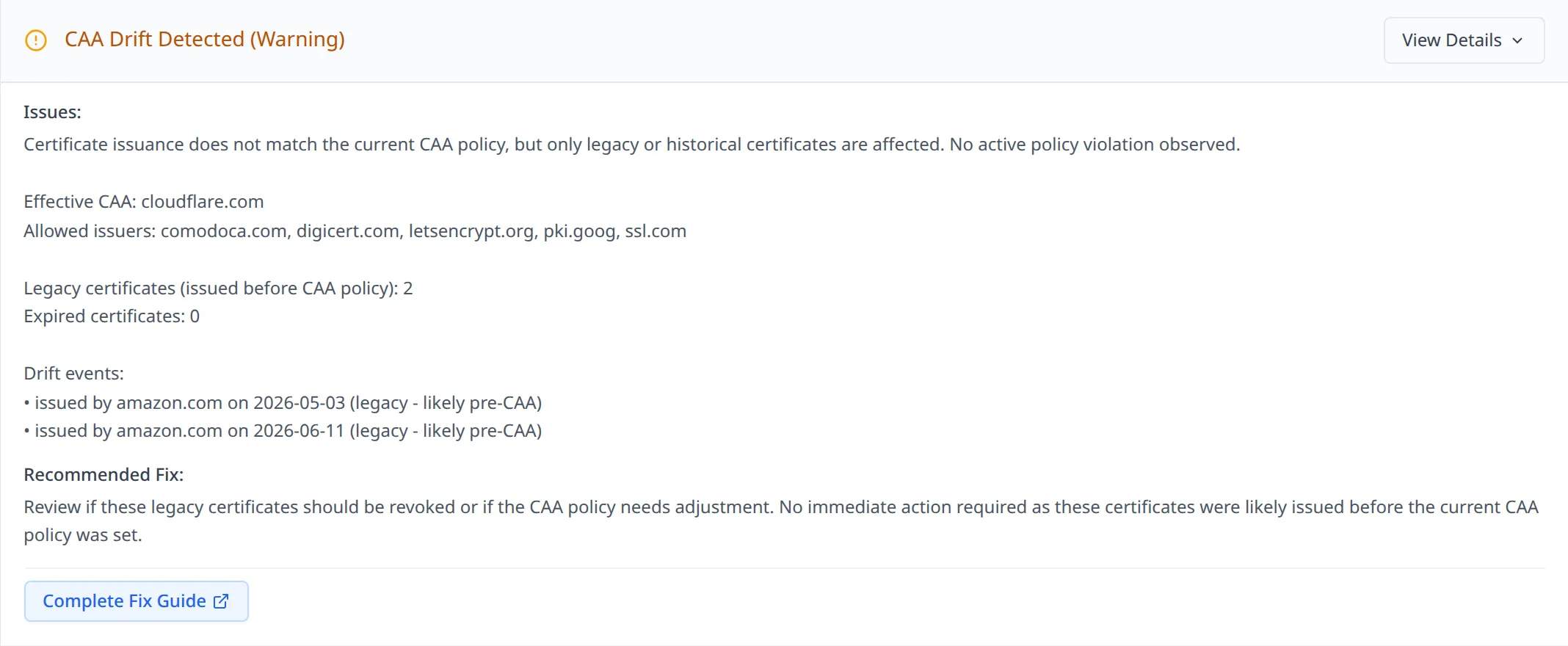 DNSAudit.io scan result for cloudflare.com showing the CAA Drift Detected warning expanded, listing allowed issuers, two legacy certificates and the drift events
