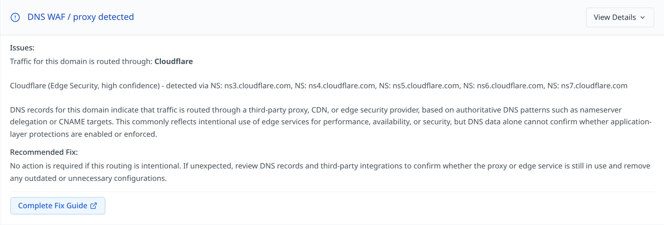 DNSAudit.io scan result for cloudflare.com showing the DNS WAF / proxy detected finding expanded with the detected provider and explanation