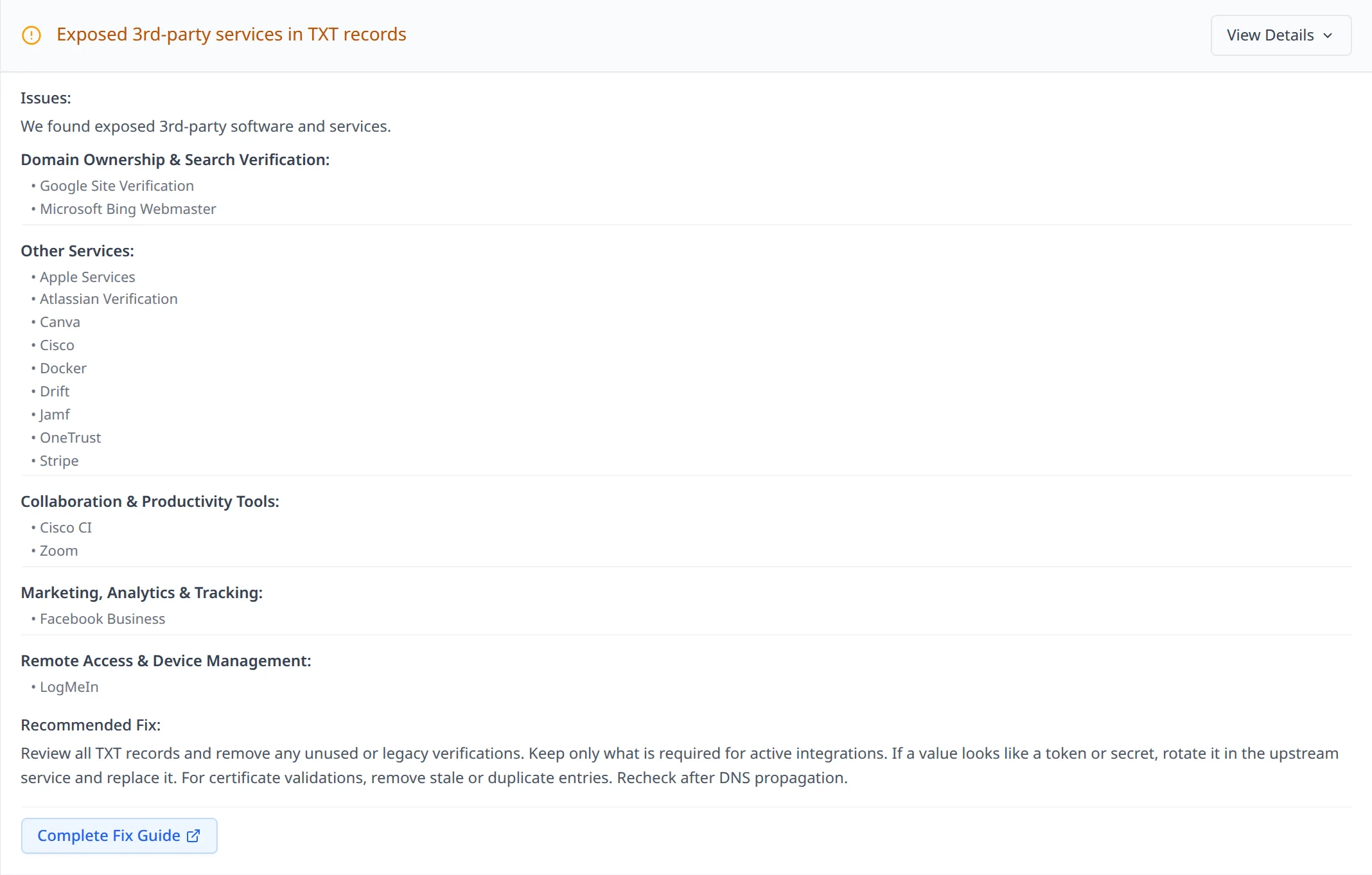 DNSAudit.io scan result for cloudflare.com showing the Exposed 3rd-party services in TXT records finding expanded, with detected services grouped by domain verification, collaboration tools, marketing and remote access DNSAudit.io scan result for cloudflare.com showing the Exposed 3rd-party services in TXT records finding expanded, with detected services grouped by domain verification, collaboration tools, marketing and remote access