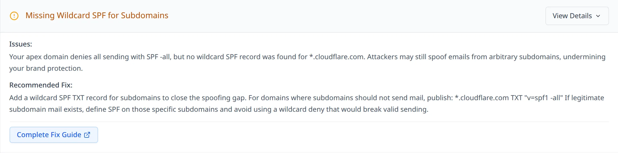 DNSAudit.io scan result for cloudflare.com showing the Missing Wildcard SPF for Subdomains warning expanded with its explanation and recommended fix